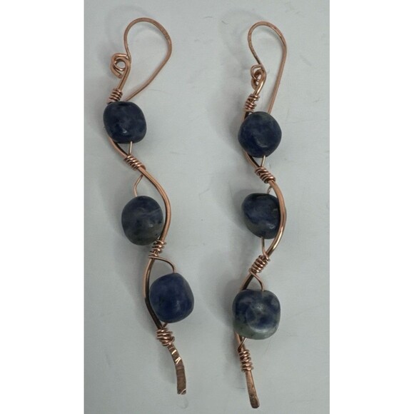 Copper Waves Dangle Earrings  With Blue Soda Lite Beads French Hook Handmade - Picture 3 of 5